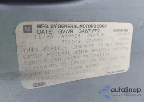 1987 Cadillac Deville z USA, uszkodzony, nr VIN 1G6CD5180H4254771